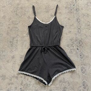 Pact Organic Sleep Romper Charcoal Heather Small Lace Trim Cotton Modal